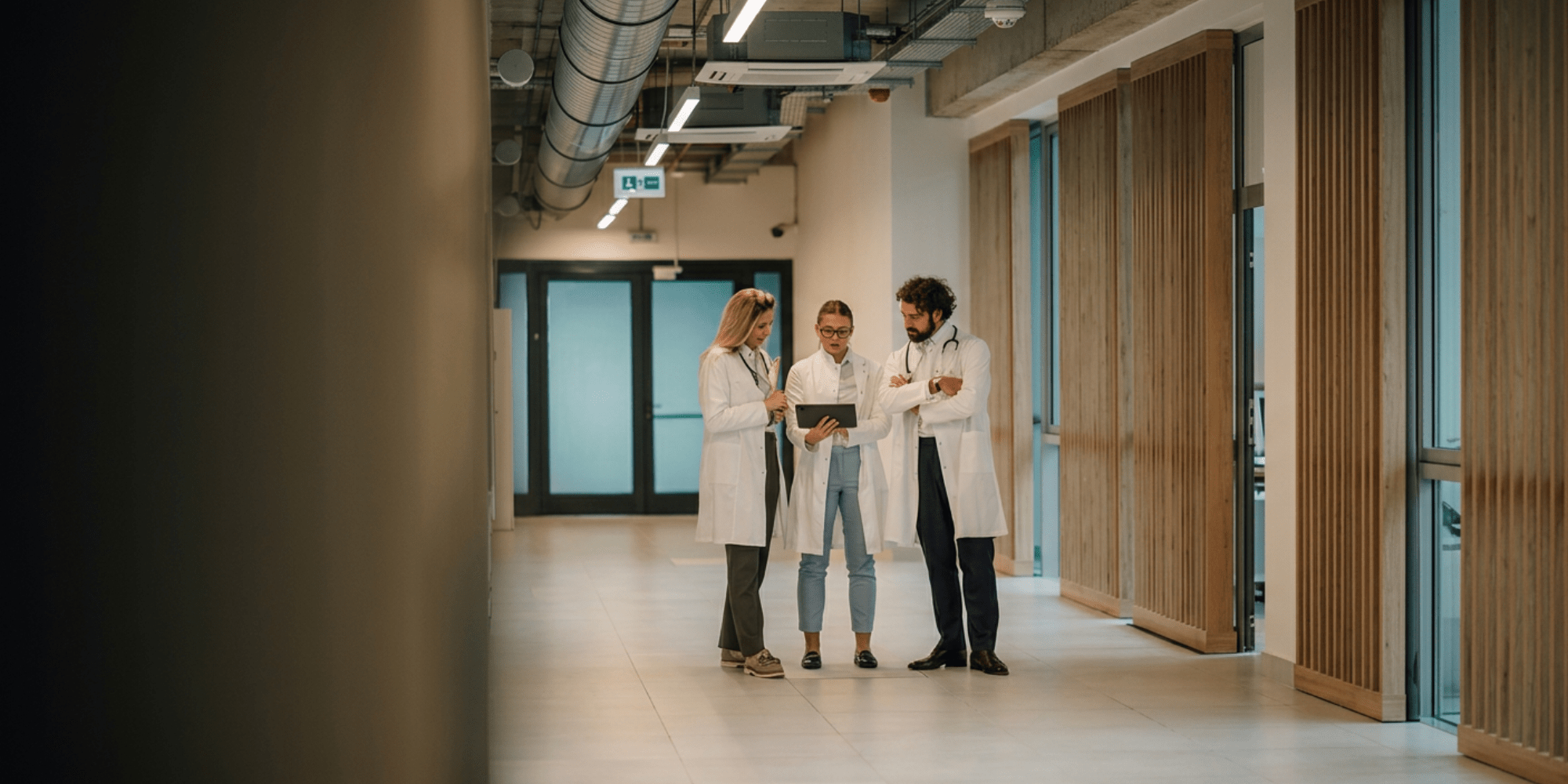 Three medical health professionals in a spontanuous meeting in the hallway of a hospital Three medical health professionals in a spontanuous meeting in the hallway of a hospital